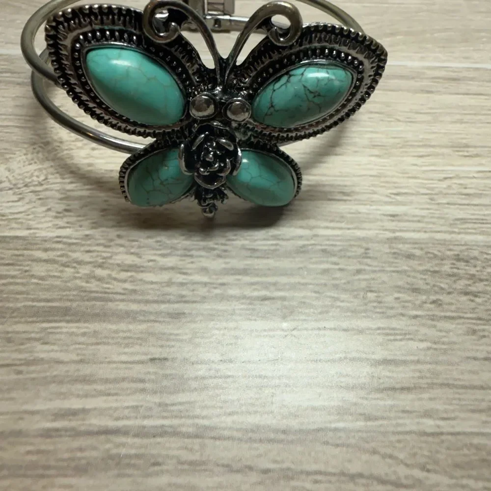 Butterfly Cuff Bracelet Silver Tone Turquoise Stones Boho Western Jewelry